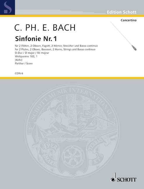 Symphony No. 1: D major. Wq 183/1. 2 flutes, 2 oboes, bassoon, 2 horns, strings and basso continuo. Partition.