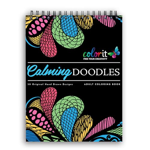 Calming Doodles Adult Coloring Book - Features 50 Original Hand Drawn Anti-Stress Zentangle Designs Printed on Artist Quality Paper with Hardback Covers, Top Spiral Binding, Perforated Pages, and Bonus Blotter by ColorIt