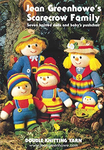 Jean Greenhowe's scarecrow family: Seven knitted dolls and baby's pushchair