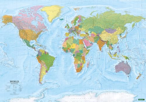 World map, political - physical, english, Poster with ledges
