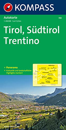 KOMPASS Autokarte Tirol, Südtirol, Trentino/Tirolo, Alto Adige, Trentino 1:250.000: mit Strassenkarte