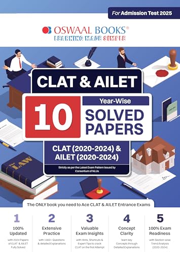 Oswaal CLAT & AILET 10 Previous Years Solved Papers - Year-Wise CLAT (2020 -2024) & AILET (2020 - 2024) For Admission Test 2025