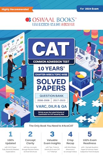 Oswaal CAT 10 YEARS Chapter-wise & Topic-wise Solved Papers (VARC, DILR & QA) (2006 - 2008 & 2017-2023) for 2024 Exam