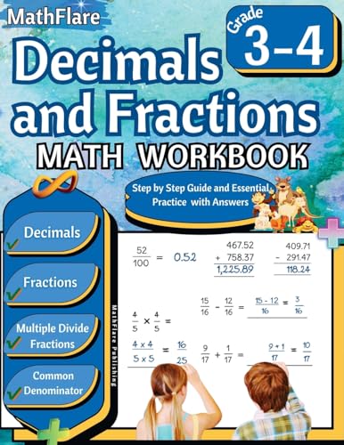 Decimals and Fractions Math Workbook 3rd and 4th Grade