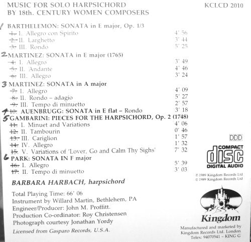 Barbara Harbach - Barthelemon; Martinez; Auenbrugg; Park; Gambarini: Music for Solo Harpsichord By 1
