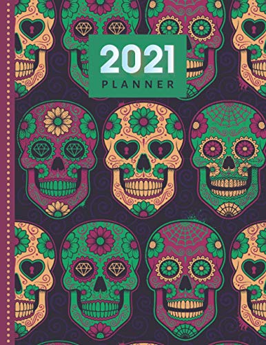 2021 Planner: Green Purple Sugar Skull Pattern / Daily Weekly Monthly / Dated Life Organizer Notebook / Full Size 8.5x11 Book with Flexible Cover / 12 ... December / Cute Christmas or New Years Gift