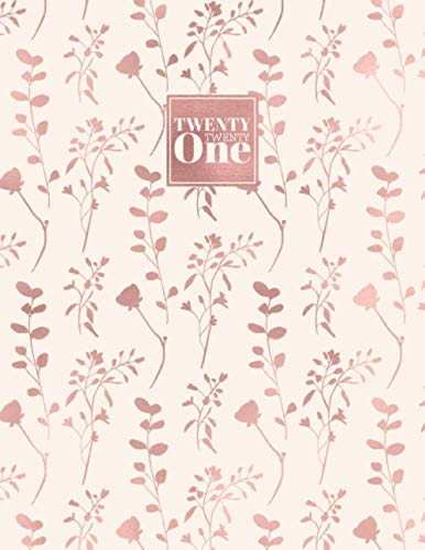 2021 : Diary Day to Page A4 Full Day to View Daily Planner Lined Writing Journal Rose Gold Floral Branches Pattern