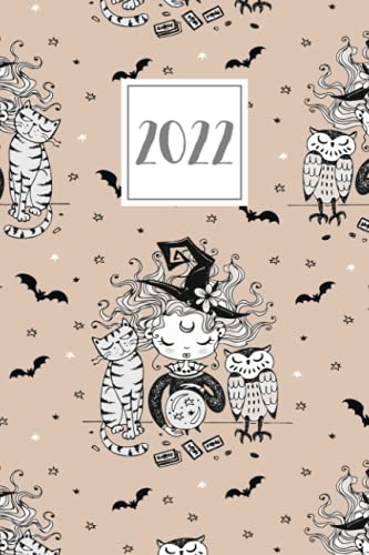 2022: Weekly Diary A5 Week to View on 2 Pages Planner | Horizontal Layout WO2P Lined Journal | Tan, Black, & White Halloween Witch Pattern
