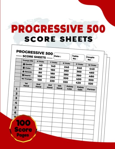 Progressive 500 Score Sheets: 100 Large Score Pad Pages for Scorekeeping | Progressive 500 Card Game Record Keeper Book