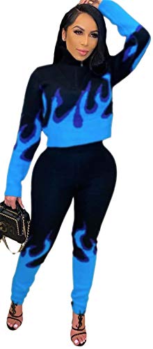 Womens Sexy 2 Pieces Flame Printed Sweatshirts Tops Bodycon Pants Party Clubwear Tracksuit Outfits Set Blue