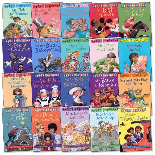 Happy Families - Complete Set of 20 Books RRP £79.80 - Incl.: Master Bun, Miss Dose, Mrs Jolly, Mr and Mrs Hay, Mrs Plug, Mrs Lather's Laundry, Mrs Vole, Mr Tick, Miss Brick, Miss Jump, Mrs Wobble, Mr Cosmo, Mr Biff, Miss Dirt, Ms Cliff, etc.... (Happy Fa