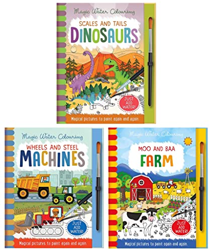 Children's Magic Water Colouring Mess Free Activity 3 Books Collection Set (Scales and Tales - Dinosaurs, Wheels and Steel - Machines & Moo and Baa - Farm)