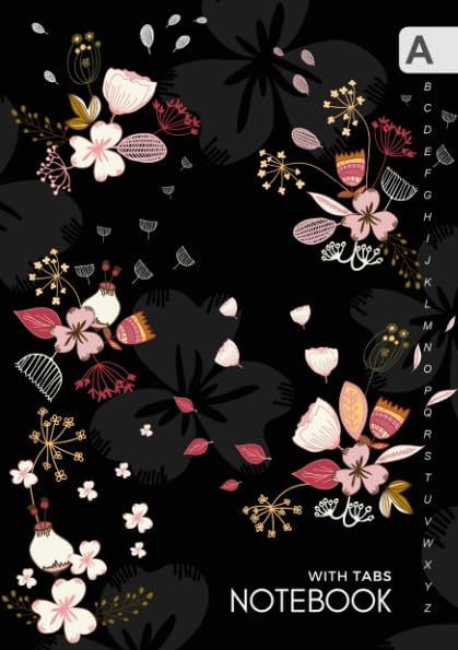 Notebook with Tabs A LinedJournal Organizer Medium with Alphabetical Tabs Printed  Cute Flying Flower Design Black