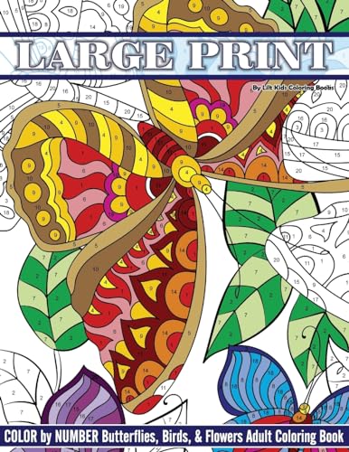 Large Print Color By Number Butterflies, Birds, and Flowers Adult Coloring Book