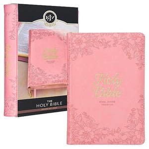 KJV Holy Bible, Standard Size Faux Leather Red Letter Edition - Thumb Index & Ribbon Marker, King James Version, Pink Floral Zipper Closure 