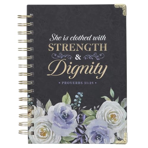 Christian Art Gifts Blue Journal W/Scripture Floral Strength & Dignity Large Bible Verse Notebook, 192 Ruled Pages, Prov. 31:25 Bible Verse