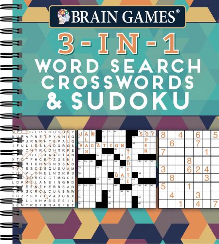 Brain Games - 3-In-1 Puzzle Book: Word Search, Crosswords & Sudoku 256 Pages, Spiral Bound Large Variety Activity Book for Adults, Seniors, Teens