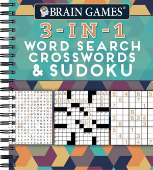Brain Games - 3-In-1 Puzzle Book: Word Search, Crosswords & Sudoku 256 Pages, Spiral Bound Large Variety Activity Book for Adults, Seniors, Teens