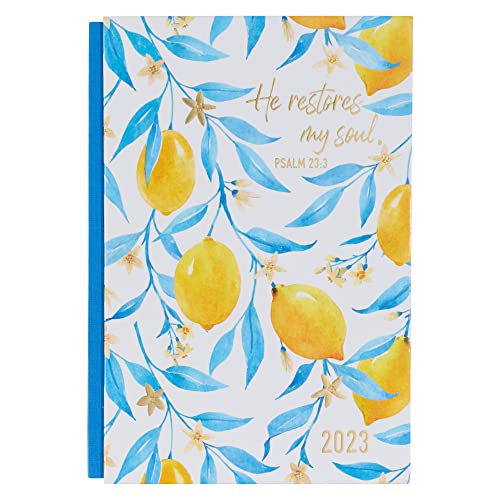 Christian Art Gifts 2023 12-Month Quarter-bound Hardcover Daily Planner for Women: He Restores My Soul - Psalm 23:3 Inspirational Bible Verse with Month Planning & 352 Color Pages, Blue & Yellow Lemon