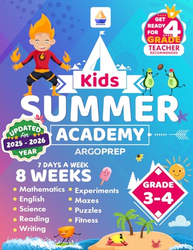 Kids Summer Academy by ArgoPrep - Grades 3-4: 8 Weeks of Math, Reading, Science, Logic, Fitness and Yoga | Online Access Included | Prevent Summer Learning Loss