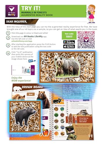 Book with magical augmented reality on mammals in forests, 16 topics with 3D holograms and 2D animations & free app, Innovative gift for ages 4+, Make learning simple & fun!