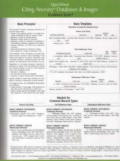 Quicksheet Citing Ancestry Databases  Images Evidence Style