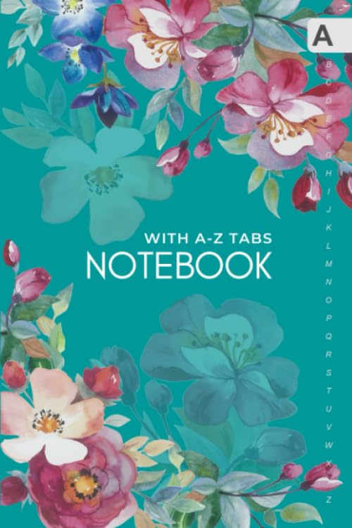 Notebook with AZ Tabs x LinedJournal Organizer Medium with Alphabetical Tabs Printed  Watorcolor Rosa Persica Rose Design Teal