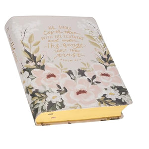 KJV Bible Note-Taking Faux Leather Under His Wings, Cream Floral Printed Ps. 91:4 