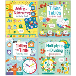 Usborne Maths Activity 4 Books Collection Set (Adding and Subtracting, Times Tables, Multiplying and Dividing & Telling the Time) (Maths Activity Book Pack)