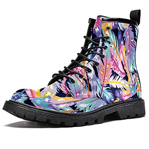 MAPOLO Women's High Top Boots Lace Up Watercolor Pink Purple Bue Boho Feathers Fashion Winter Boots Casual Leather Slip Resistant Ankle Shoes Combat Boots