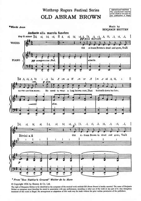 Friday Afternoons: No.12 Old Abram Brown. op. 7/12. children's choir (SSSS) and piano. Partition de chœur.