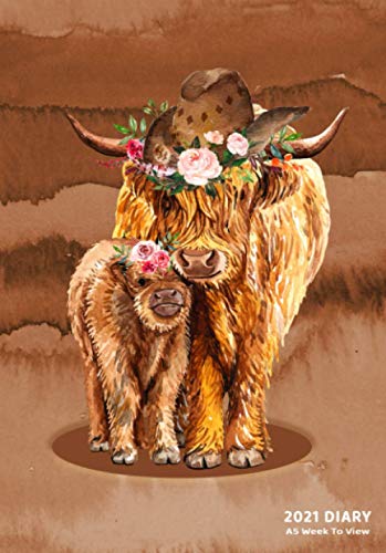 2021 Diary A5 Week to View : Cute Baby and Mother Highland Cow Scotland A5 Week to View Dated 2021 Diary Planner Organiser Calendars Lined Journal Notebook with to Do List - Cow Lovers Gift for Girls Women