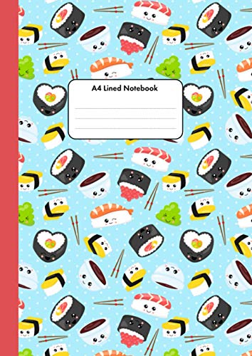 A4 Lined Notebook: Cute Sushi Pattern Design (Blue)