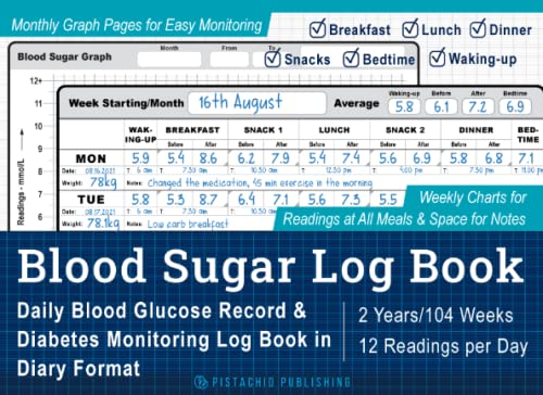 Blood Sugar Log Book - 2 Years/104 Weeks: Easy to Use Daily Blood Glucose Record & Diabetes Monitoring Log Book in Diary Format - Readings for Before & After Meals, Waking-up & Bedtime with Notes