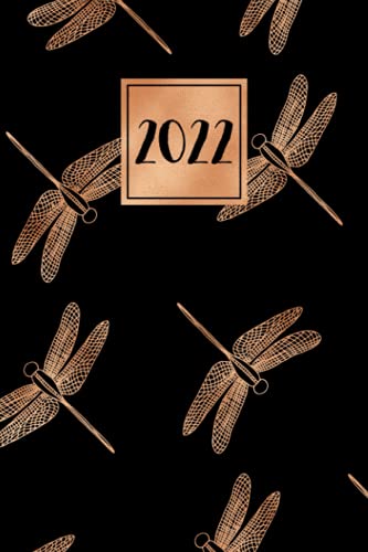 2022: Daily Diary A5 Day on a Page Per Day to View | Full DO1P Planner Lined Writing Journal | Black & Copper Dragonflies Pattern