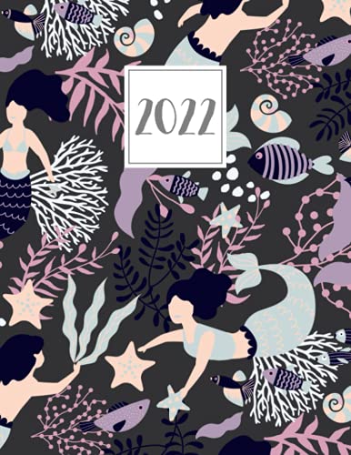 2022 : Daily Diary A4 Day on a Page per Day to View Lined Writing Journal Full DO1P Planner Black with Blue and Purple under the Sea Mermaids Pattern