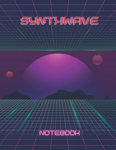 Synthwave notebook: Matrix 3 moons horizon neon retro synthwave composition notebook 8.5x11” / A4 120 square lined pages Trend, fashion, music, synthesizer, keyboard, DJ, teenager.