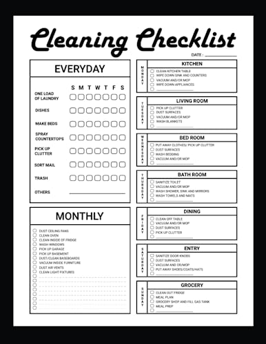 Cleaning Checklist : Daily Weekly and Monthly Cleaning Schedule Checklist Planner Cleaning Planner Checklist Household Chores with Check Lists House Cleaning Planner and Organizer (Home Cleaning Planner)