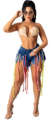 Womens Sexy Colorful Tassels Denim Shorts Frayed Raw Hem Distressed Ripped Bodycon Split Hot Shorts